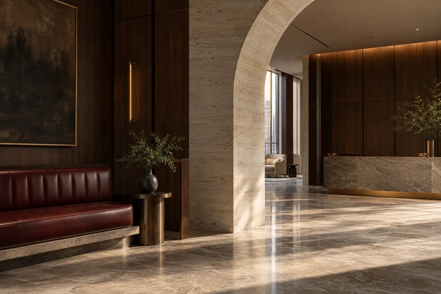 Illustrative stone and walnut reception for a fictional law practice